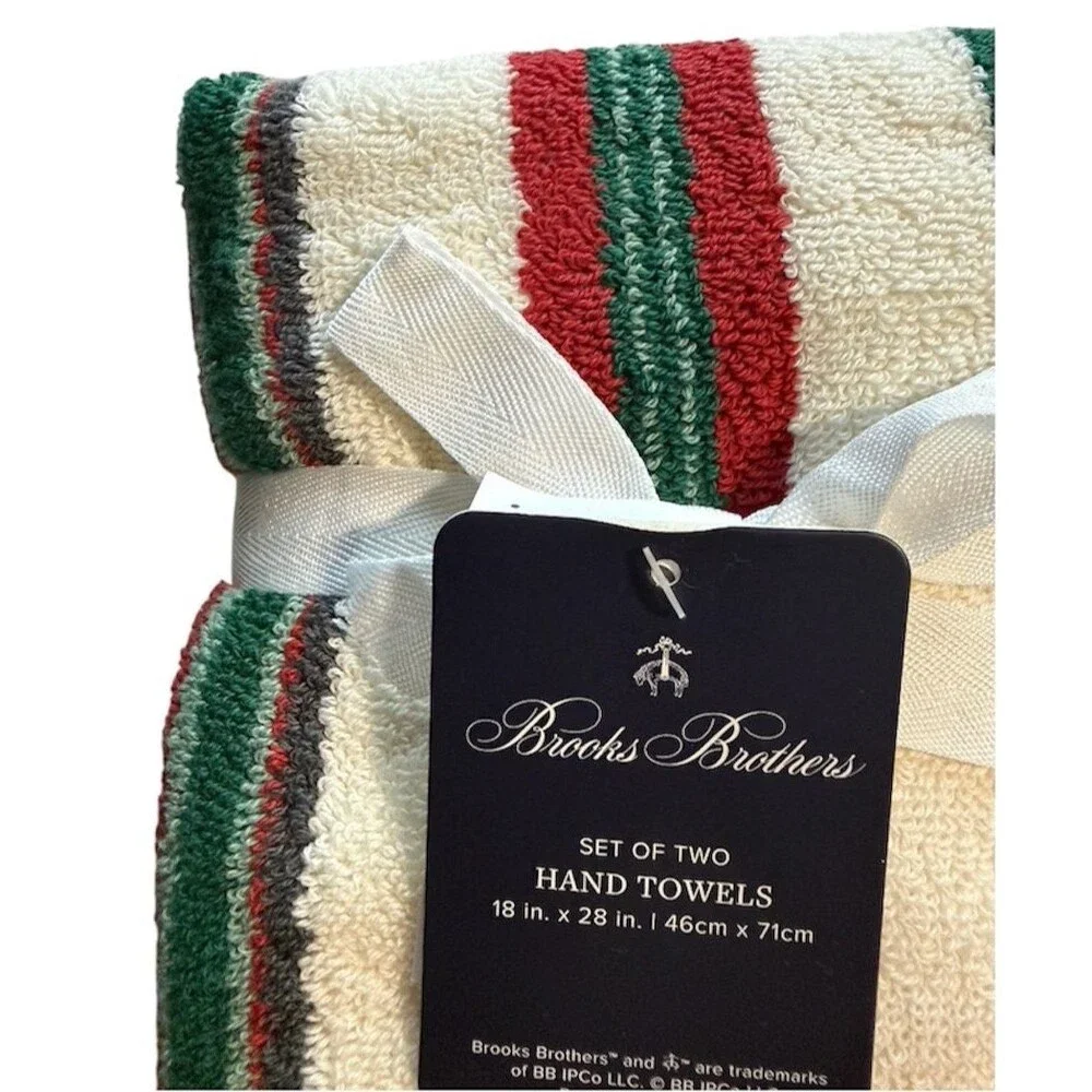 Brooks Brothers Christmas Hand Towels Luxury Thick Red Green Cream Set of 2
